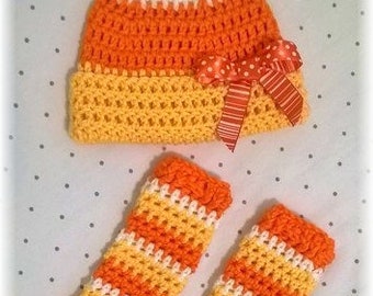 Custom Hand Crochet Sweet Lil' Candy Corn Hat & Leggings Set newborn-5T