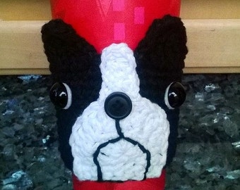 Hand Crochet Boston Terrier Dog Coffee Sleeve & Bottle Cozy