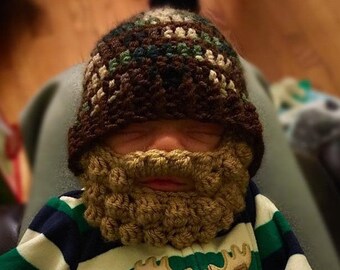 Custom Hand Crochet Bearded Camo Beanie Newborn-Adult