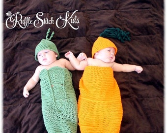 Custom Hand Crochet Twin Peas And Carrots Cocoon & Hat Photo Prop Costume Set Newborn