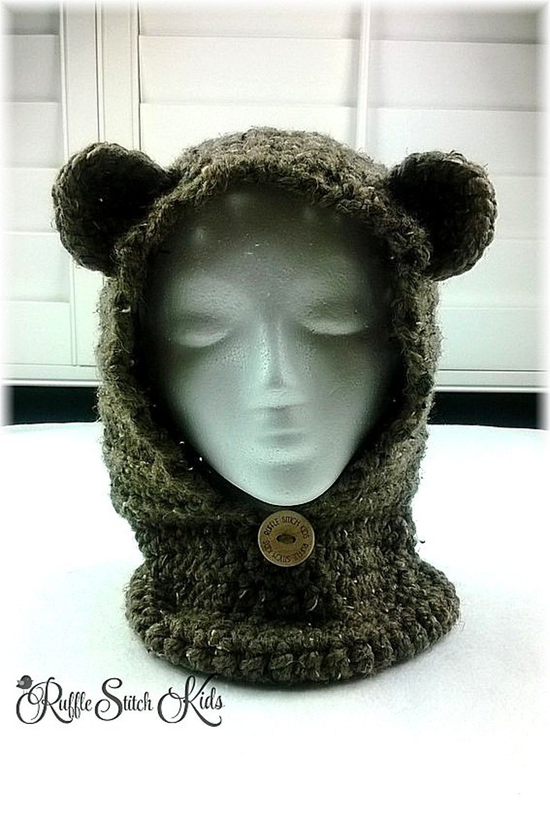 Custom Order Hand Crochet Baylie Bear Hooded Cowl Hat 3months-Adult