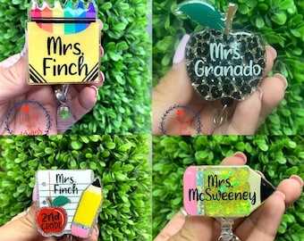 Handmade Teacher Badge Reel: Interchangeable Glitter Pencil Design