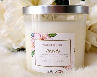 Pearls Hand Poured Soy Blend Candle, 8.75oz, Medium Size Candle, Vanilla Scent, Sweet Floral Scent, Birthday Gift, Gift, Christmas Gift