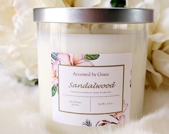 Candela di miscela di soia versata a mano in legno di sandalo, 8,75 once, candela di medie dimensioni, profumo speziato, profumo maschile, regalo di compleanno, regalo, regalo di Natale