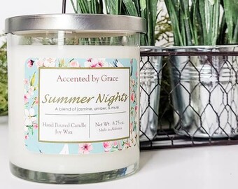 Summer Nights Hand Poured Soy Blend Candle, 8.75oz, Medium Size Candle, Musk Scent, Amber Scent, Birthday Gift, Gift, Mothers Day Gift