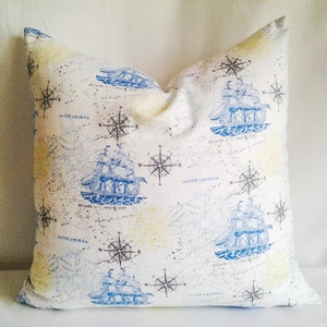 White and Blue Ship Print Pillow Cover, 16x16 Pillow Cover, Decorative Pillow, Toss Pillow, Home Decor, Summer, Spring Decor