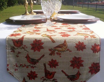 Red Cardinal and Poinsettia Table Runner, 4to6 Seater Tables, Fits Rectangle Table, Square Table, & Round Table, Christmas Decor, Holidays