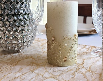 Golden Glitter Marble Print Table Runner, 4to6 Seater Tables, Fits Rectangle Table, Square Table, & Round Tables, Christmas Decor