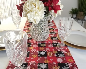 Buffalo Check and Snowflake Print Table Runner, 4to6 Seater Tables, Fits Rectangle Table, Square Table, & Round Tables, Christmas Decor