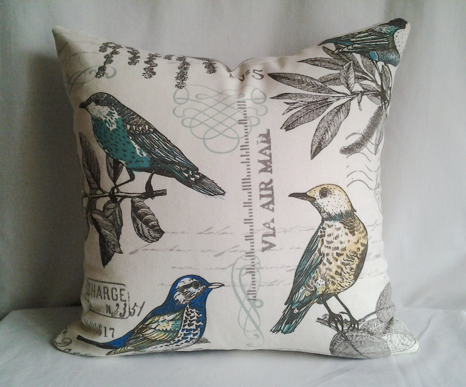 French Country Vintage Bird Pillow Cover, 18x18 Pillow Cover