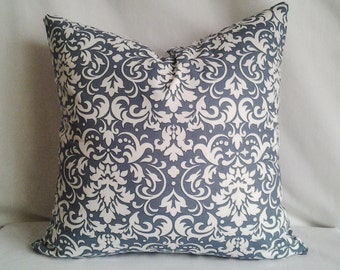 Damask Print Pillow Cover, 16x16 Pillow Cover, Decorative Pillow, Toss Pillow, Slate Blue and White, Home Decor, Summer, Spring Decor