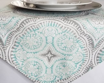 Gray and Teal Print Table Runner, 4to6 Seater Tables, Fits Rectangle Table, Square Table, & Round Tables, Summer, Spring decor