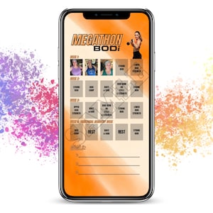 Könnte beinhalten: Der Bildschirm eines Mobiltelefons zeigt einen Fitnessplan für ein "Megathon Body" Programm. Der Plan beinhaltet tägliche Workouts für jede Woche, mit Kategorien wie "Starker Körper", "Boot Camp", "Boot Burn & Core", "Untere Körperkraft" und "Ruhe". Der Bildschirm enthält auch einen Bereich für "Ziele" mit leeren Zeilen, die von den Benutzern ausgefüllt werden können.