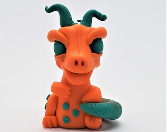 Orange and Teal Dragon Figurine; Handmade Polymer Clay Orange and Teal Dragon; Horned Orange & Teal Handmade Dragon; Handmade Dragon Figure