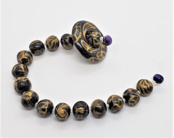 Handmade Beads; Handmade Polymer Clay Black with Gold Glitter and Gold Lace Patterned Round Beads; Handmade Craft and/or Jewelry Supplies