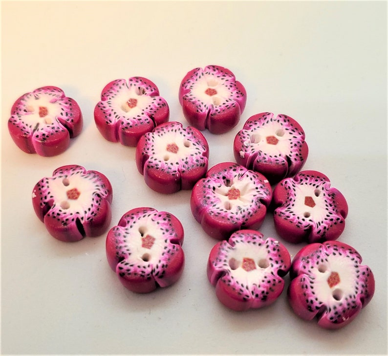 Handmade Flower Shaped Magenta and White Speckled Polymer Clay Two Hole Buttons; Handmade Buttons; Flower Buttons; Handmade Flower Buttons