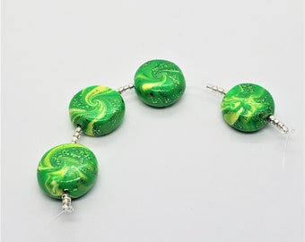 Handmade Green, Yellow and Green Foil Beads; Green and Yellow Swirl Beads; Polymer Clay Green and Yellow Beads; Shimmery Green Beads