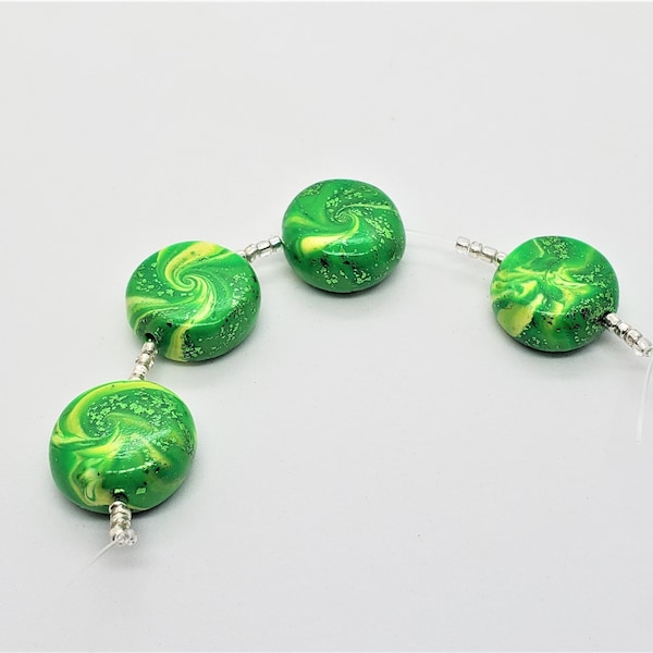 Handmade Green, Yellow and Green Foil Beads; Green and Yellow Swirl Beads; Polymer Clay Green and Yellow Beads; Shimmery Green Beads