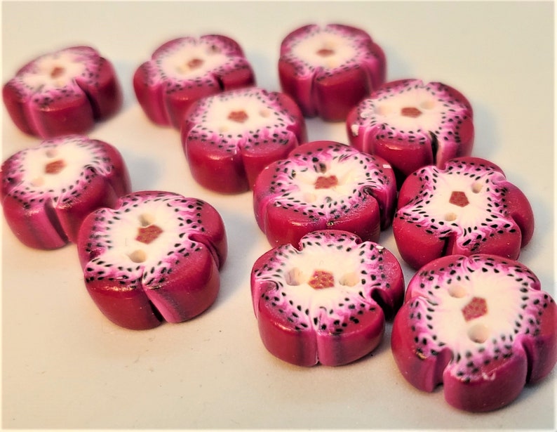 Handmade Flower Shaped Magenta and White Speckled Polymer Clay Two Hole Buttons; Handmade Buttons; Flower Buttons; Handmade Flower Buttons