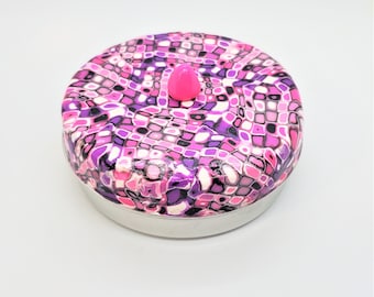 Hand Decorated Retro Squares Storage Tin; Polymer Clay Retro Squares Storage Tin; Storage Tin; Retro Cane of Pink, Black, White and Purple