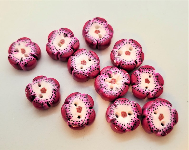 Handmade Flower Shaped Magenta and White Speckled Polymer Clay Two Hole Buttons; Handmade Buttons; Flower Buttons; Handmade Flower Buttons
