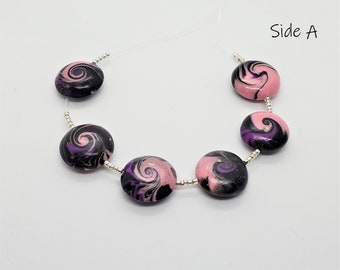 Handmade Pink, Black and Purple Swirled Polymer Clay Lentil Beads with Glitter Highlights; Handmade Swirled Lentil Beads