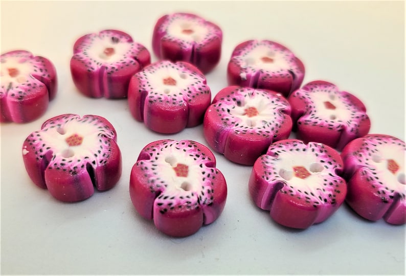 Handmade Flower Shaped Magenta and White Speckled Polymer Clay Two Hole Buttons; Handmade Buttons; Flower Buttons; Handmade Flower Buttons