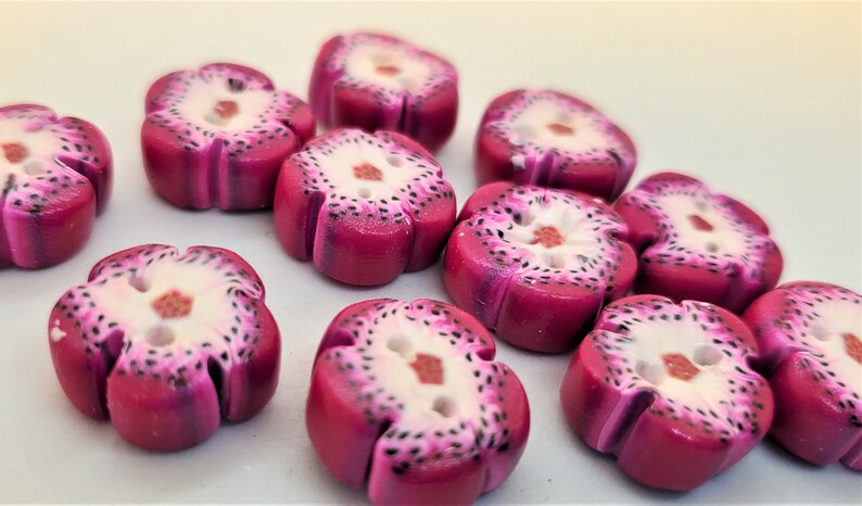 Handmade Flower Shaped Magenta and White Speckled Polymer Clay Two Hole Buttons; Handmade Buttons; Flower Buttons; Handmade Flower Buttons