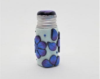 Hand Decorated Blue Flower Small Glass Jar; Polymer Clay Covered Glass Jar; Flower Petal Glass Jar; Blue Flower Petal Covered Glass Jar