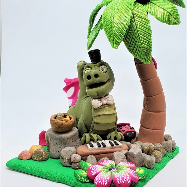 Handmade Polymer Clay Piano-Play Tyrannosaurus Rex Figurine; UV Resin and Glitter Covered Palm Fronds; Tyrannosaurus Rex Figurine