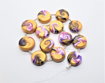 Handmade Purple, Gold and Black Beads; Purple Stripe Swirl Beads; Polymer Clay Gold, Purple Stripe and black Beads; Shimmery Gold Beads