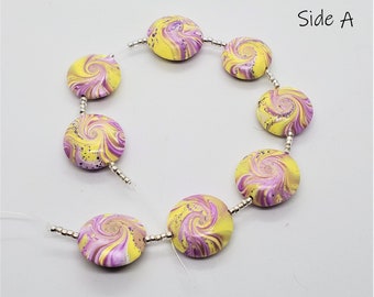 Handmade Purple, Yellow and White Swirled Polymer Clay Lentil Beads with Purple Foil Highlights; Handmade Swirled Lentil Beads