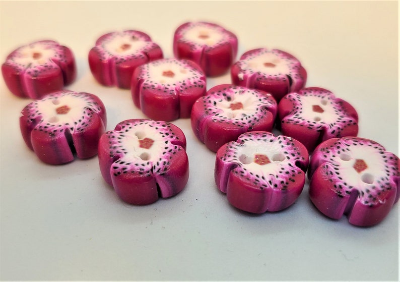 Handmade Flower Shaped Magenta and White Speckled Polymer Clay Two Hole Buttons; Handmade Buttons; Flower Buttons; Handmade Flower Buttons