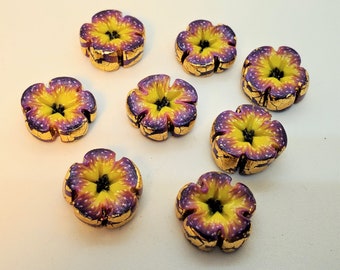 Handmade Purple and Yellow Flower Shaped Beads with White Spots lined with faux-Gold Leaf; Handmade; Handmade Flower Center Drilled Beads