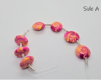 Handmade Pink and Yellow Patterned Bead Set; Polymer Clay Pink & Yellow Beads with Varying Drill Types; Top and Cross Drilled Handmade Beads