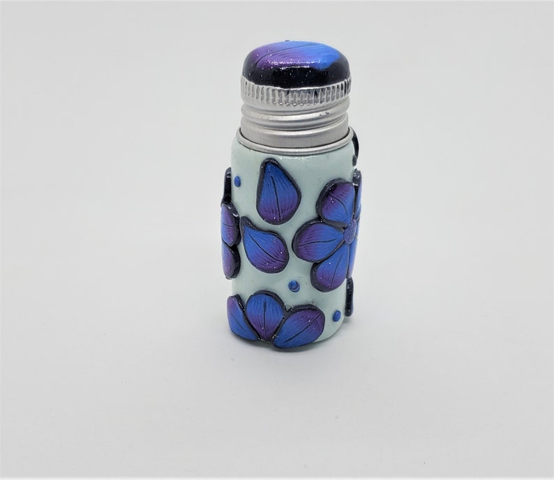Hand Decorated Blue Flower Small Glass Jar Polymer Clay Covered Glass