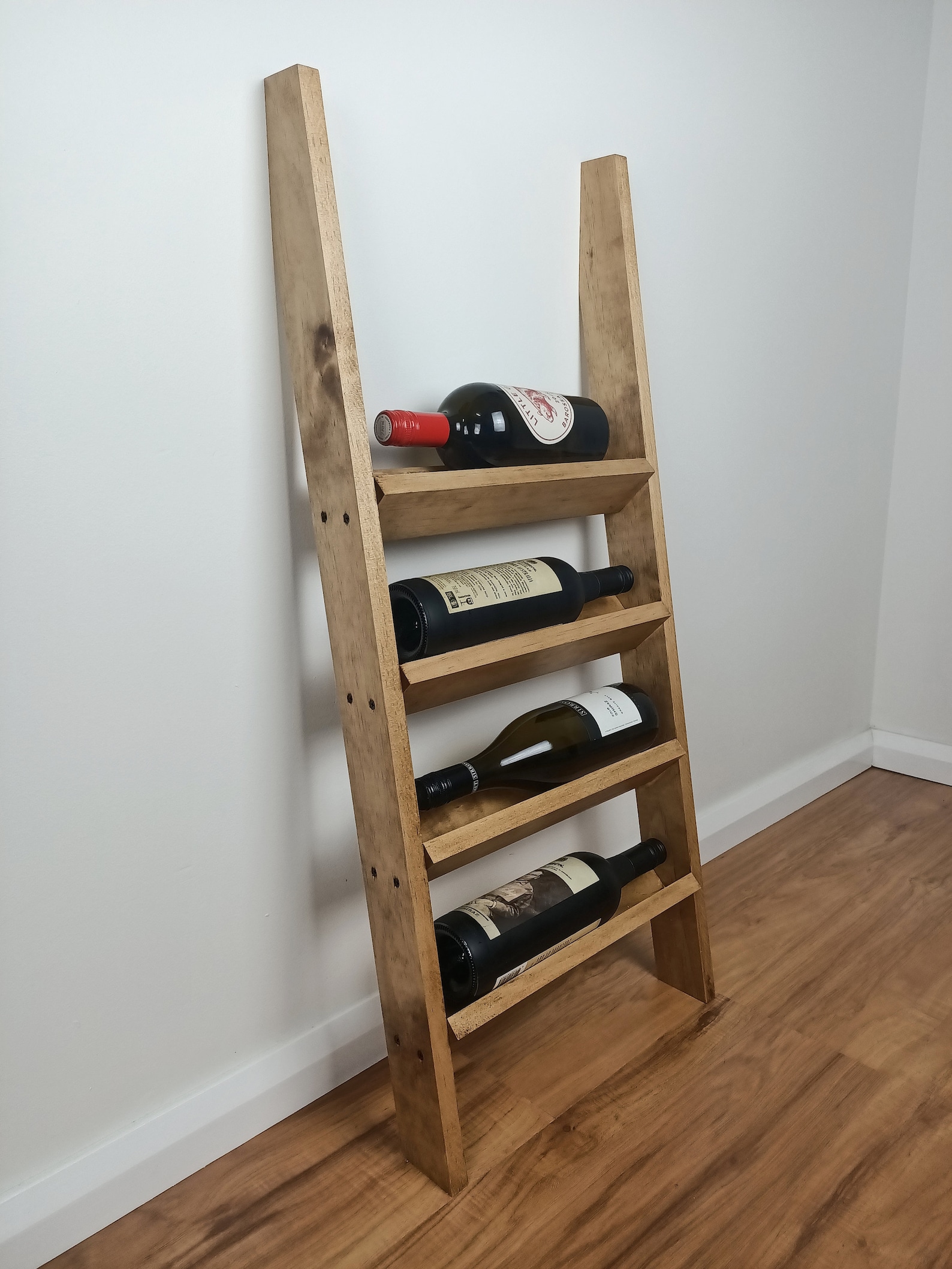 Leaning Timber Wine Rack Ladder Shelf Etsy