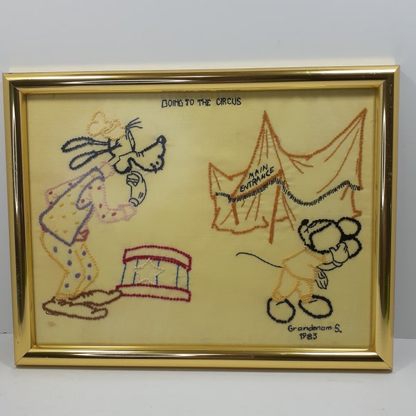 Embroidery Stitch Mickey Goofy Going to the Circus 1983 Freehand Finished Framed