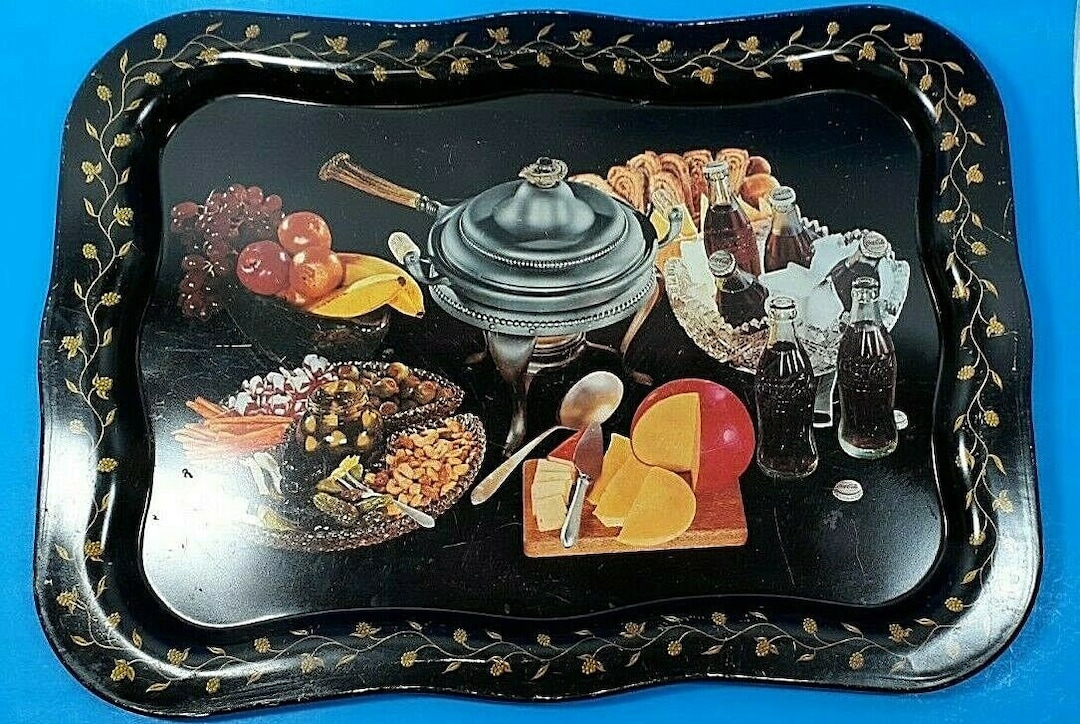 Vintage Coca Cola TV Tray Black Metal Serving Gold Floral Edge 1960s Etsy