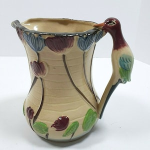 1950s Bird Handle Creamer Small Pitcher Jug Flowers