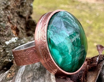Malachite, copper and sterling ring