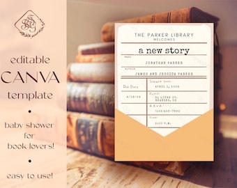 A New Story in the Library Canva Template DIY Printable Baby Shower Invitation