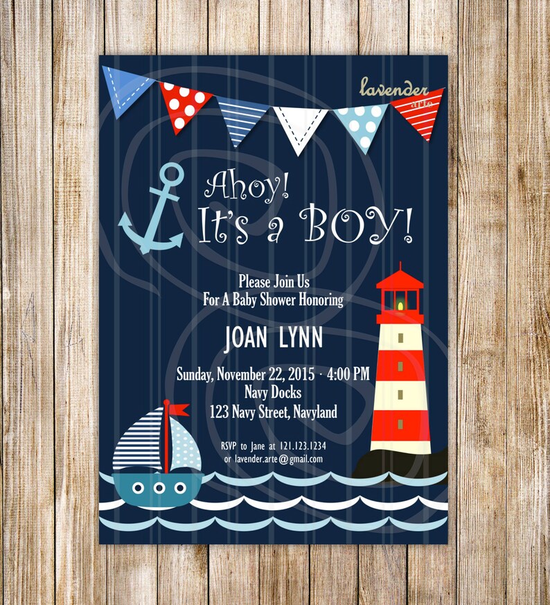 Navy Nautical Baby Shower Invitation Ahoy It S A Boy Digital Invite Sailor Anchor Lighthouse Diy Printable