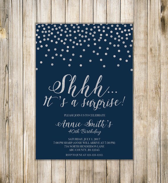 Navy Blue Surprise 40th Birthday Party Invitation Shhh Etsy