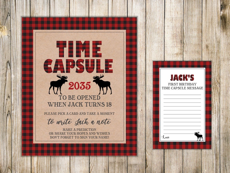 Buffalo Plaid Shower Wishes LUMBERJACK First Birthday TIME CAPSULE Winter 1st Birthday Time Capsule Flannel Boy Time Capsule Sign /& Card