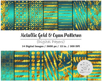 Gold Leaf Cyan Digital Paper, Abstract Textures (Digital Download)