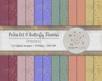 Pastel Polka Dot Digital Paper, Butterfly Glitter Textures (Digital Download)