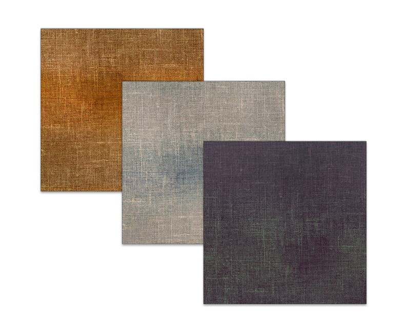 May include: Three fabric swatches, one brown, one gray, and one dark purple, with a textured woven pattern.