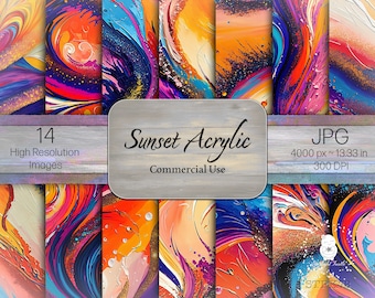 Sunset Hues Acrylic Textures, Swirls, Splatters (Digital Paper)