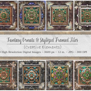 May include: Eight digital images of ornate, stylized framed tiles. Each tile features a different geometric design with gold, green, and blue accents. The tiles are 12 inches in size and have a resolution of 3600 pixels.